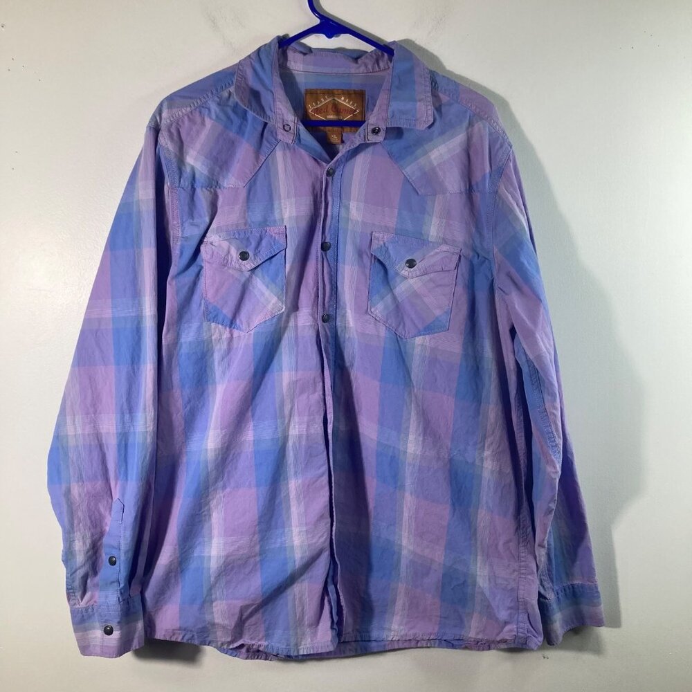 Mens Red Camel Western Plaid Pearl Snap Cotton Shirt Long Sleeve XL Purple Blue